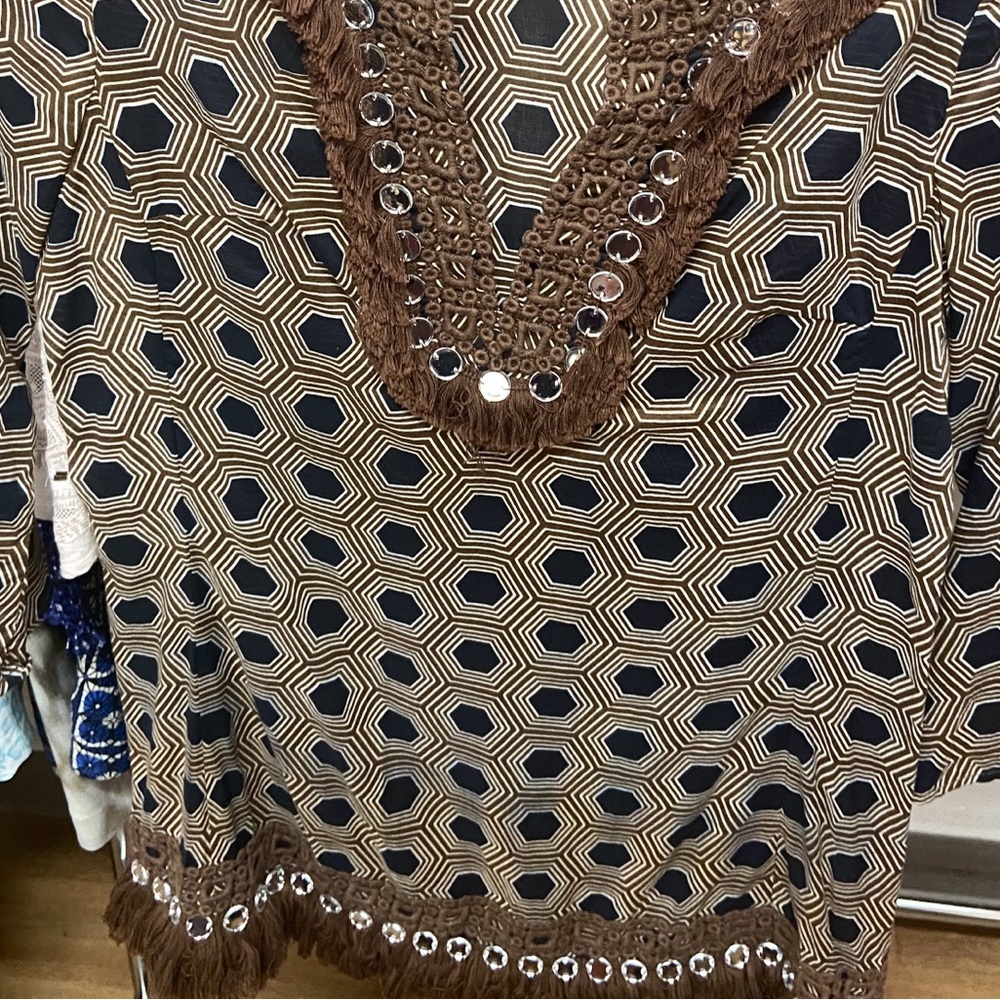 Tory Burch Brown tunic top with MIRROR CIRCLE TRIM AROUND NECK & Bottom size 2 - Picture 15 of 15